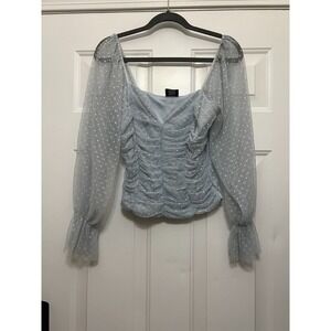 Madi‎ Mase Women's Size Medium Light Blue Swiss Dot Lace Puff Sleeves Top Party